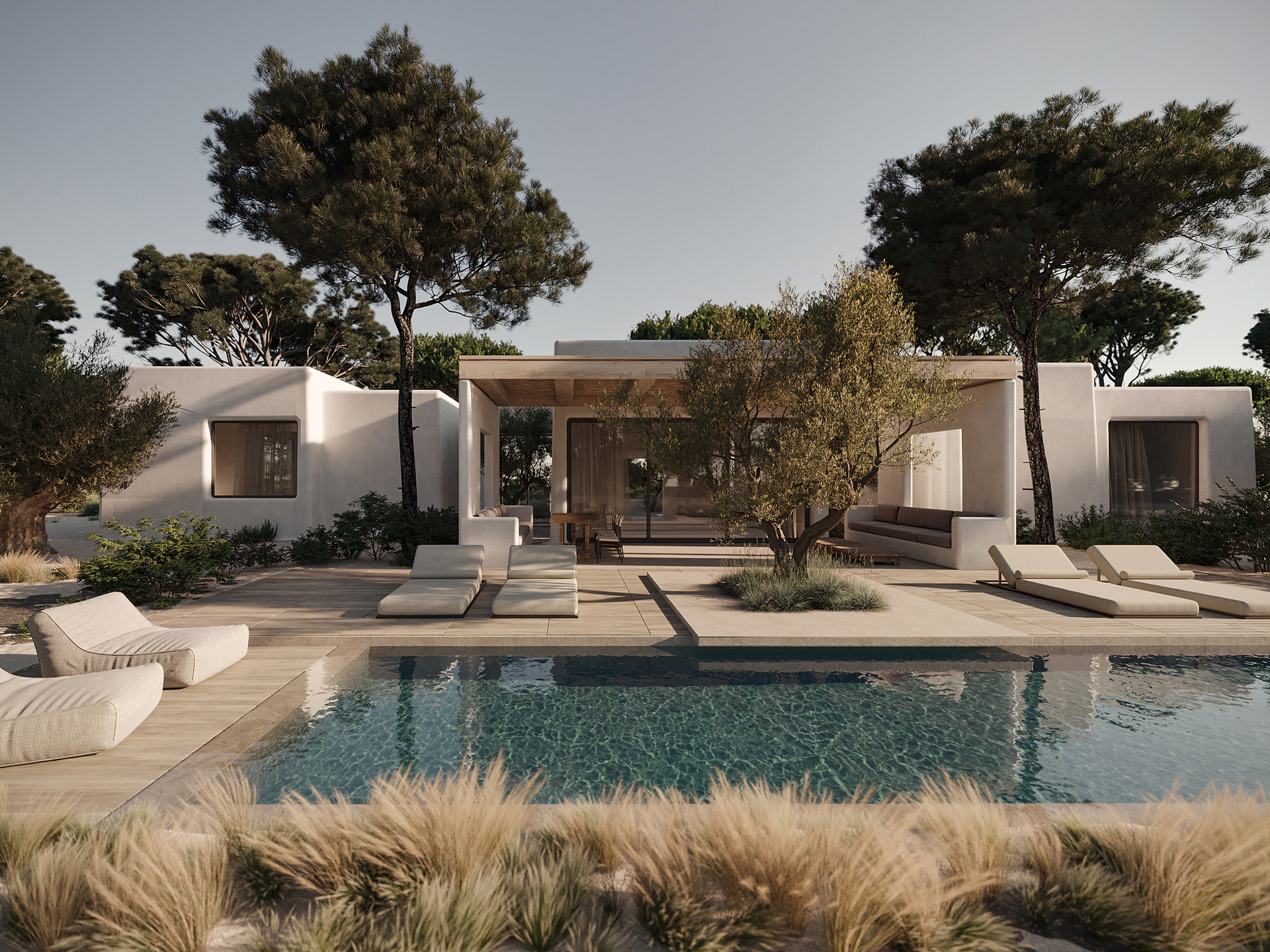 Architectural villa with porcelain pool deck and stone terraces